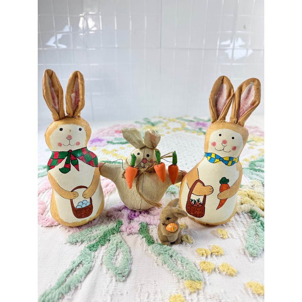 Vintage Style Easter Bunny Figurine Set Rustic Fabric Rabbits Decor 4pc